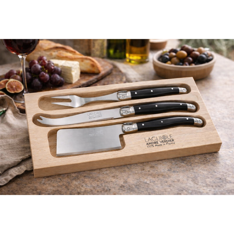 André Verdier Laguiole Debutant Black Cheese Set with Fork - 3 Piece