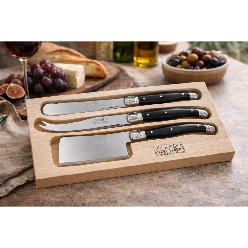 André Verdier Laguiole Debutant Black Cheese Set with Sandwich Knife - 3 Piece