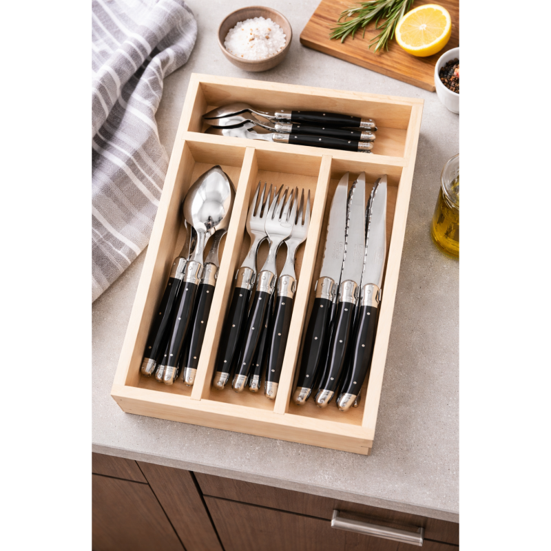 André Verdier Laguiole Debutant Black Cutlery Set with Tray - 24 Piece