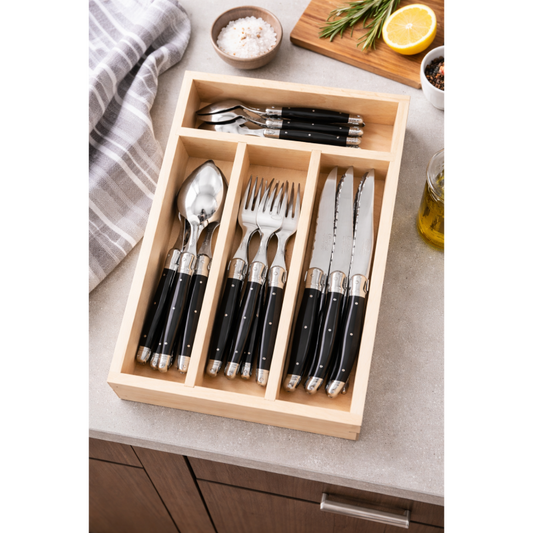 André Verdier Laguiole Debutant Black Cutlery Set with Tray - 24 Piece