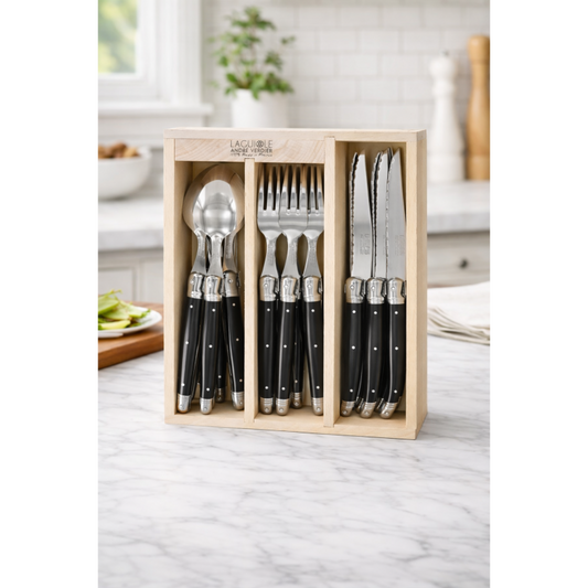 André Verdier Laguiole Debutant Black Cutlery Set with Tray - 18 Piece