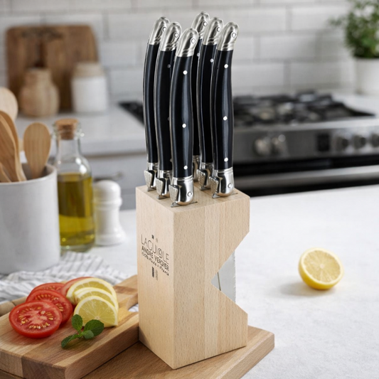 André Verdier Laguiole Debutant Black Steak Knife with Block - 6 Piece