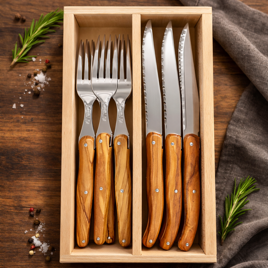 André Verdier Laguiole Debutant Olive Wood Steak Set with Tray - 12 Piece