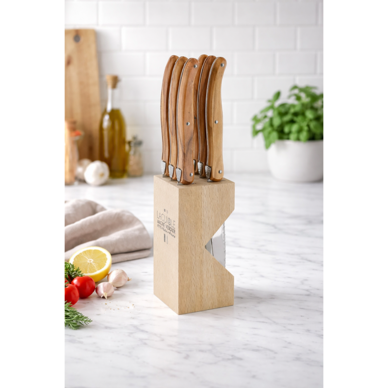 André Verdier Laguiole Debutant Olive Wood Steak Knife with Block - 6 Piece