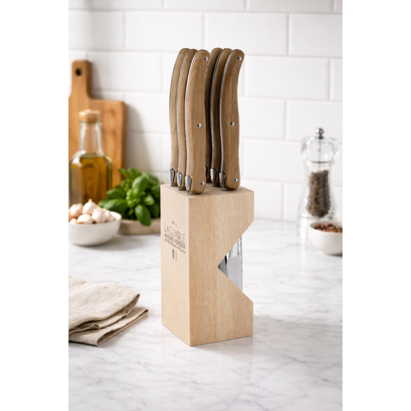 André Verdier Laguiole Debutant Toasted Oak Steak Knife with Block - 6 Piece