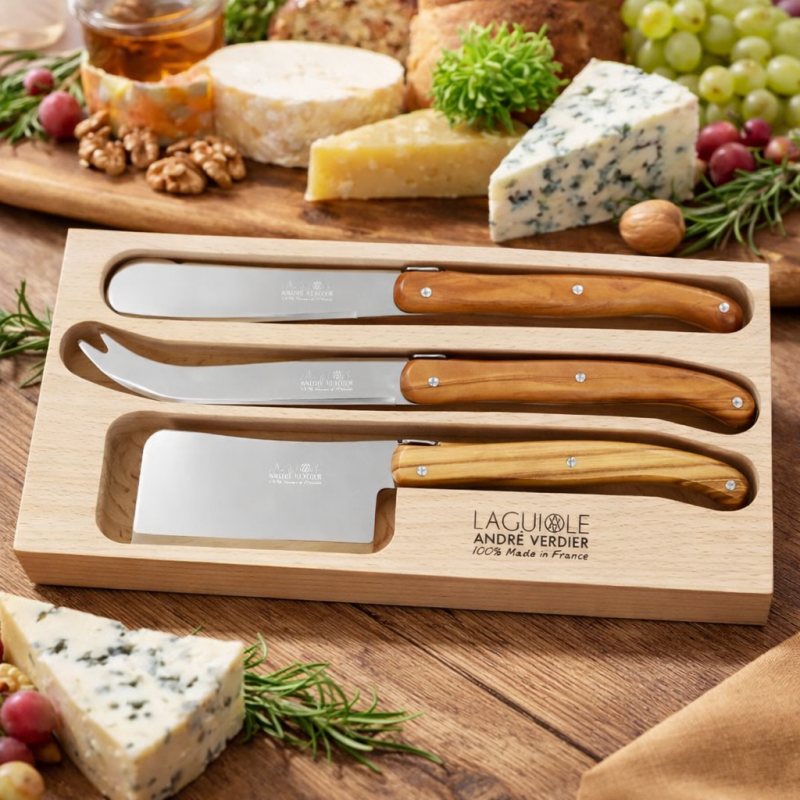 André Verdier Laguiole Debutant Olive Wood Cheese Set with Sandwich Knife - 3 Piece