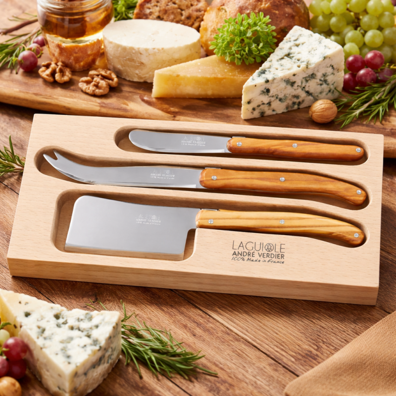 André Verdier Laguiole Debutant Olive Wood Cheese Set with Butter Spreader - 3 Piece